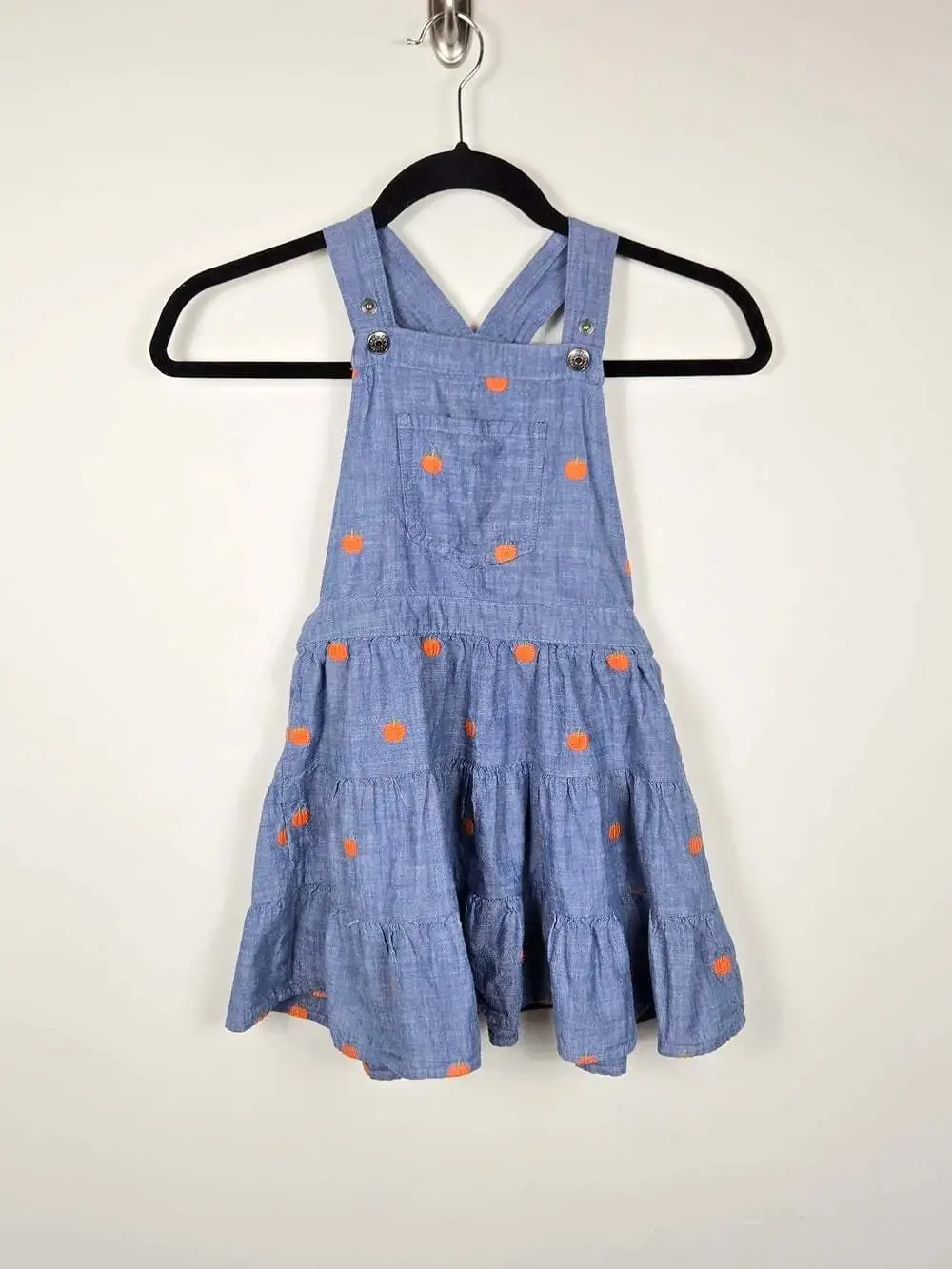 Gymboree Girls Size 7 Chambray Pumpkin Overall Dress Fall Tiered Pinafore
